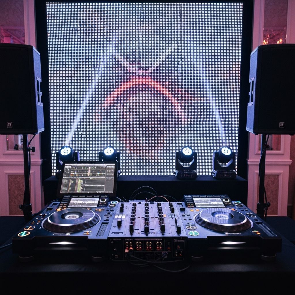 Professional DJ booth with lighting setup