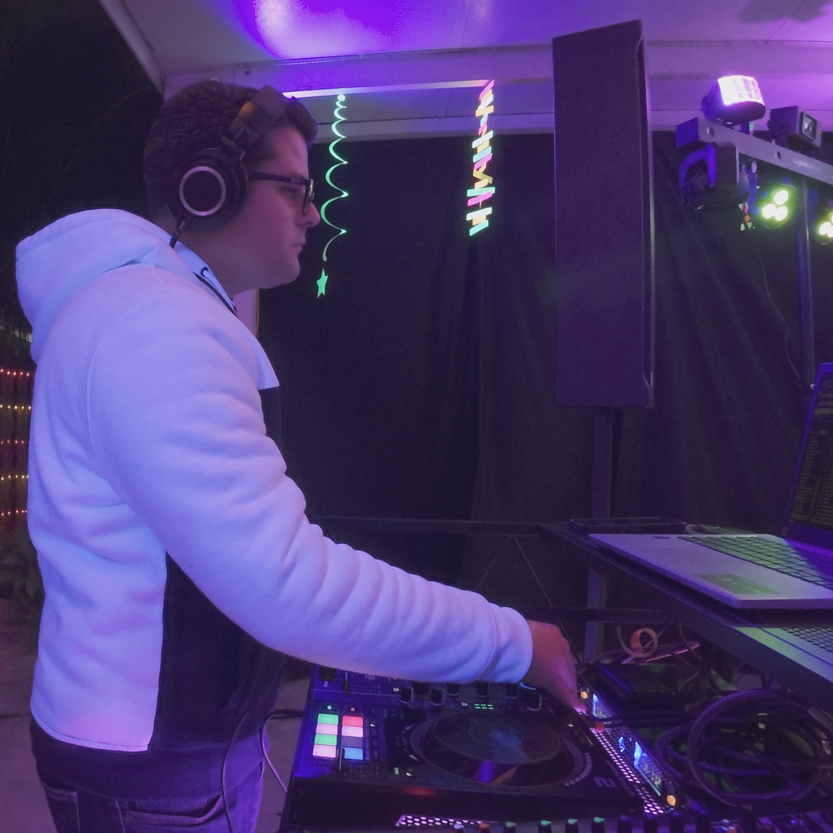 Full DJ setup with audio and lighting equipment